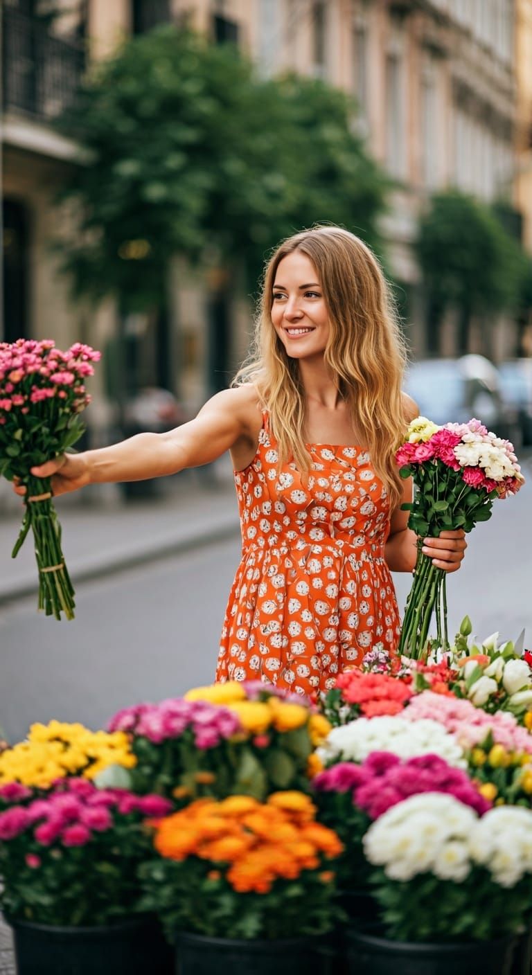 Woman Selling Flowers on Bustling Street
