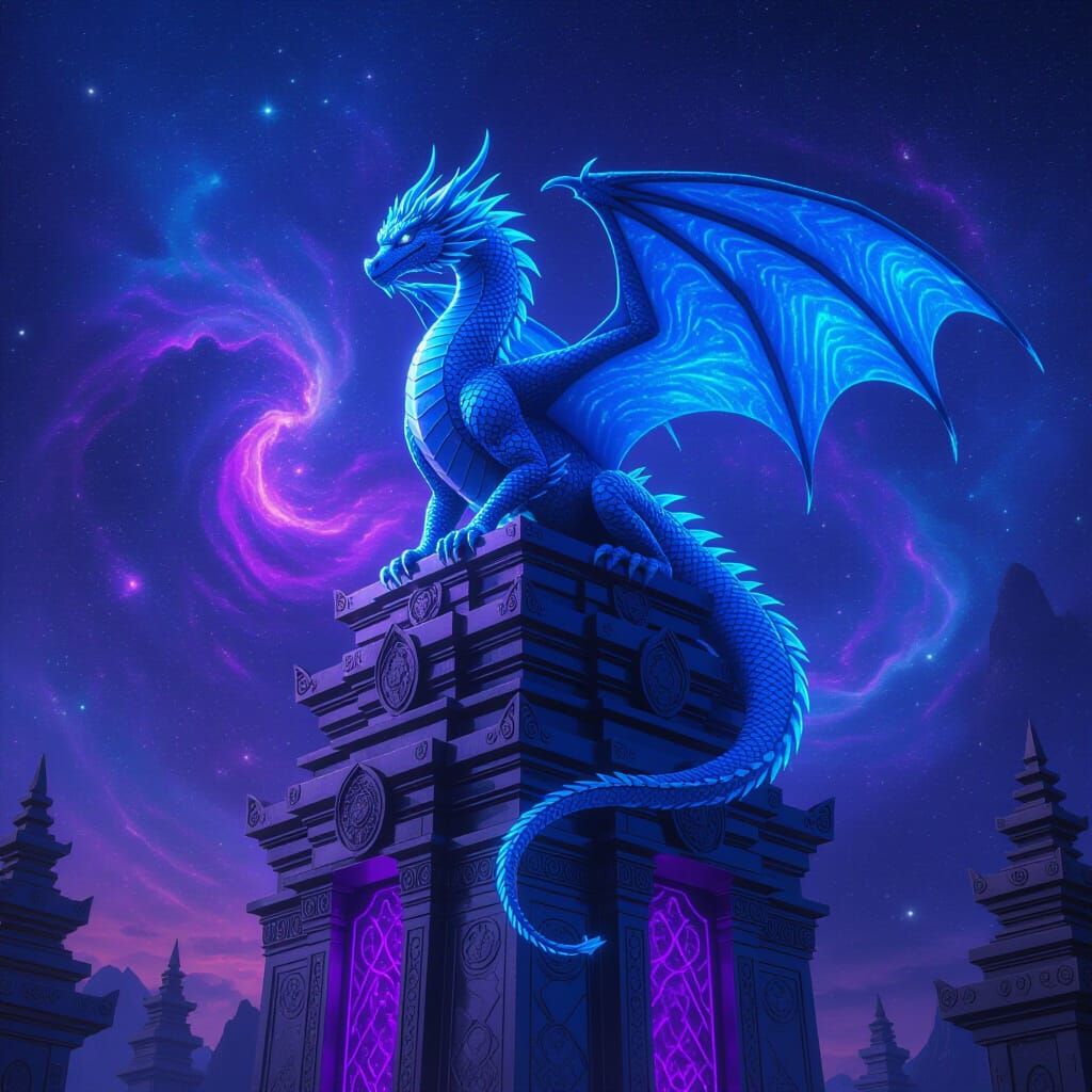 Blue Crystal Dragon on Chrome Temple in WLOP Style