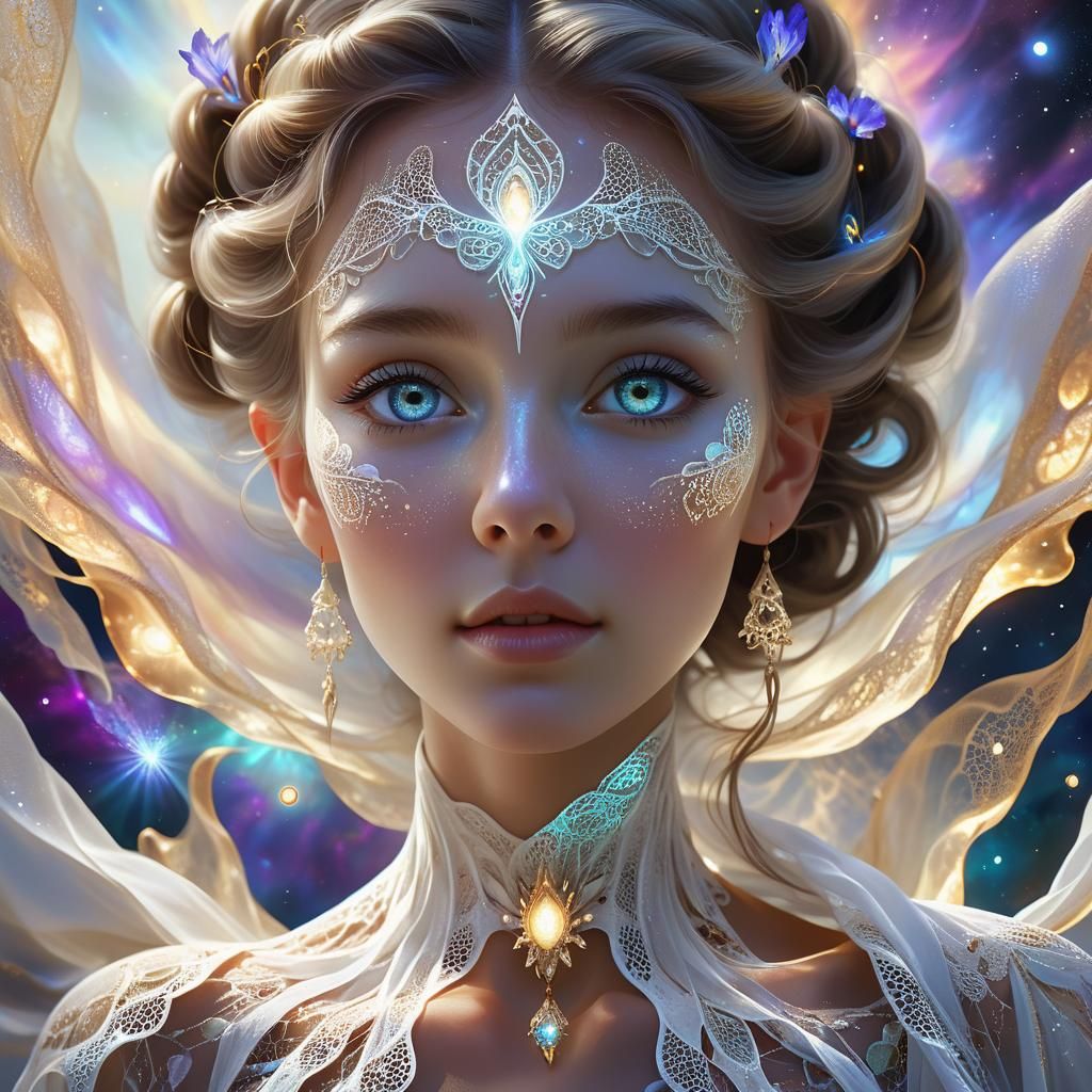 Ethereal Goddess Floating in Cosmic Realm: Digital Painting