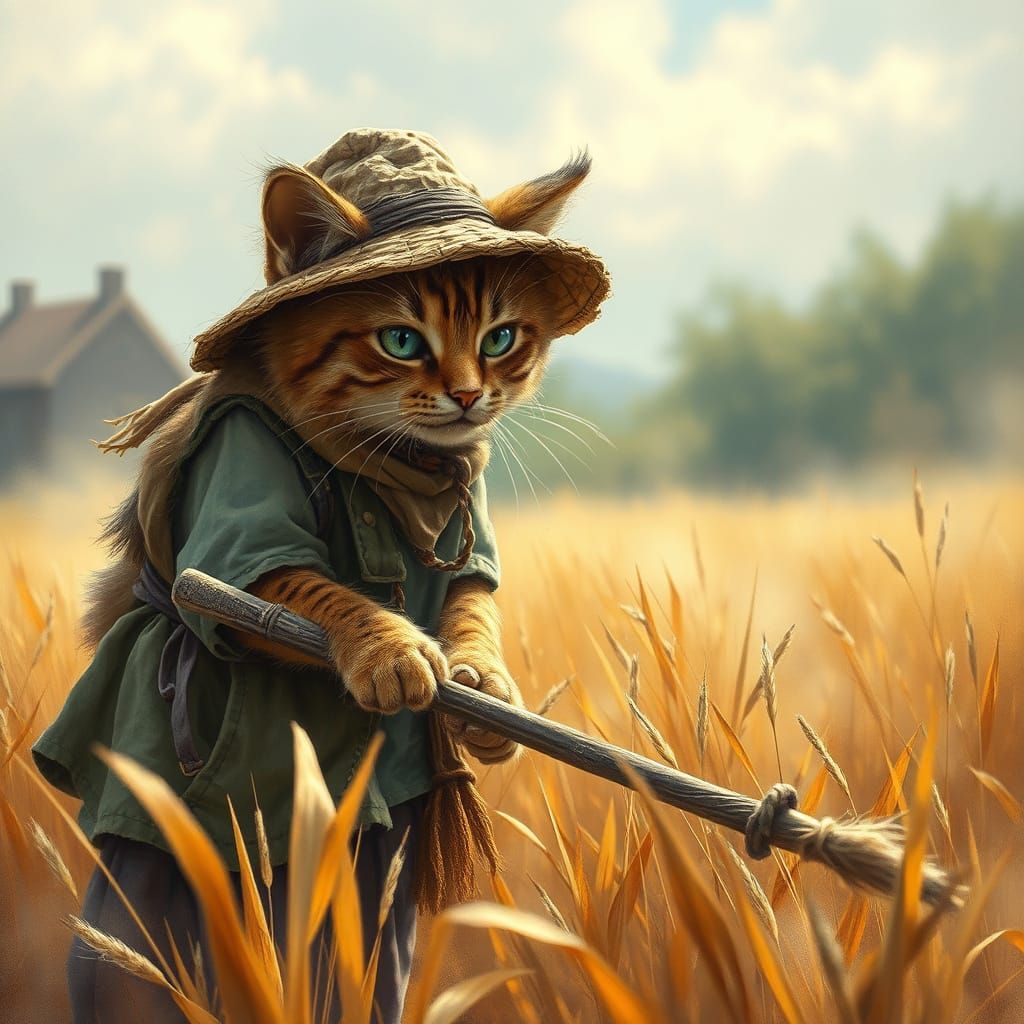 Peasant Cat Hoeing Field in Dreamy Kinkade Style