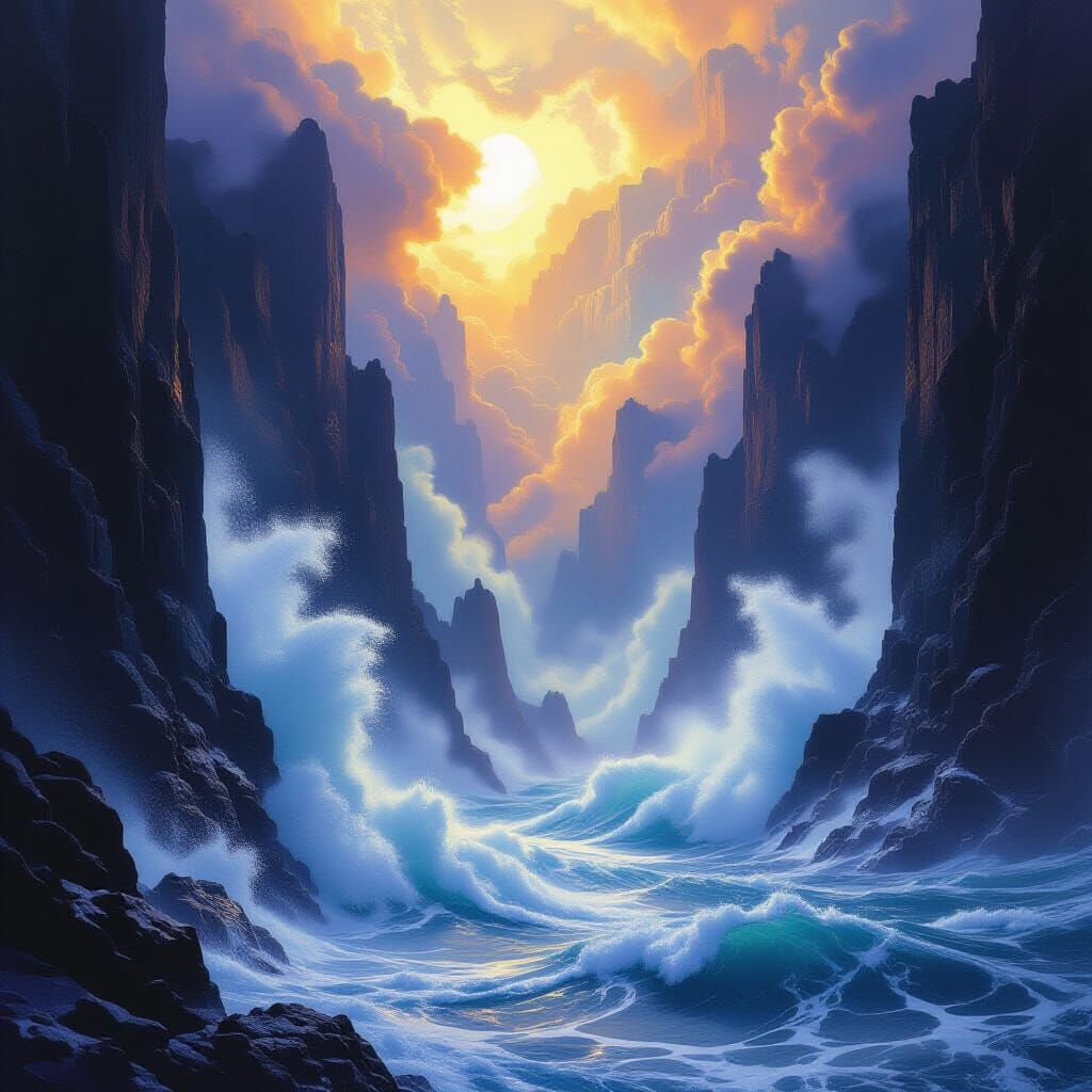 Ethereal Mist Veils Turbulent Sea: Dark Fantasy Art