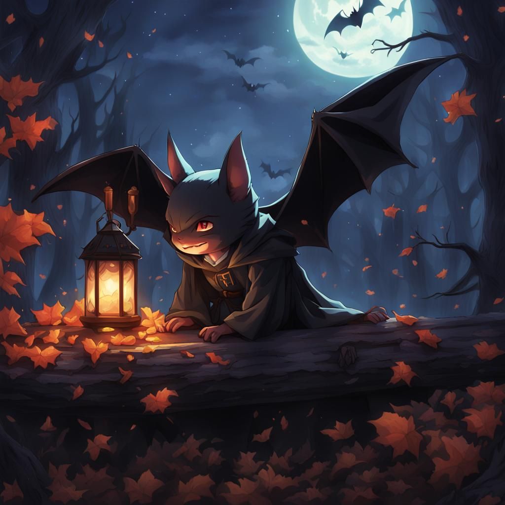 Anime Witch with Resting Bat