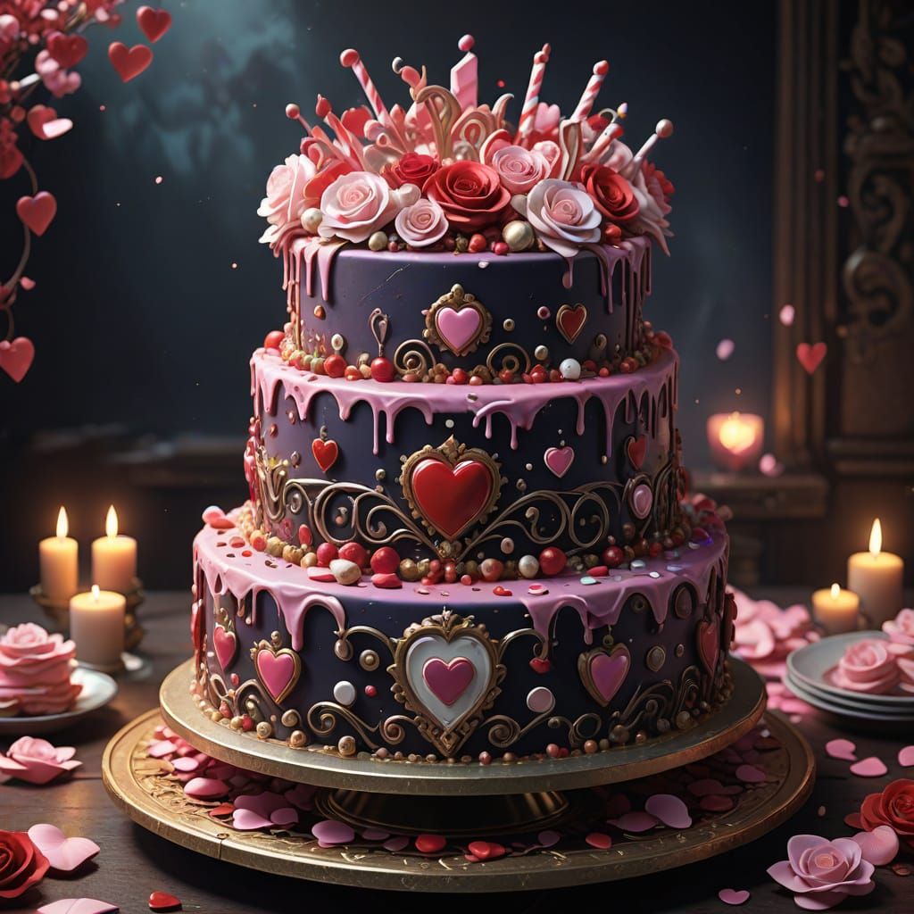 A portrait of a huge, beautiful, valentine cake.