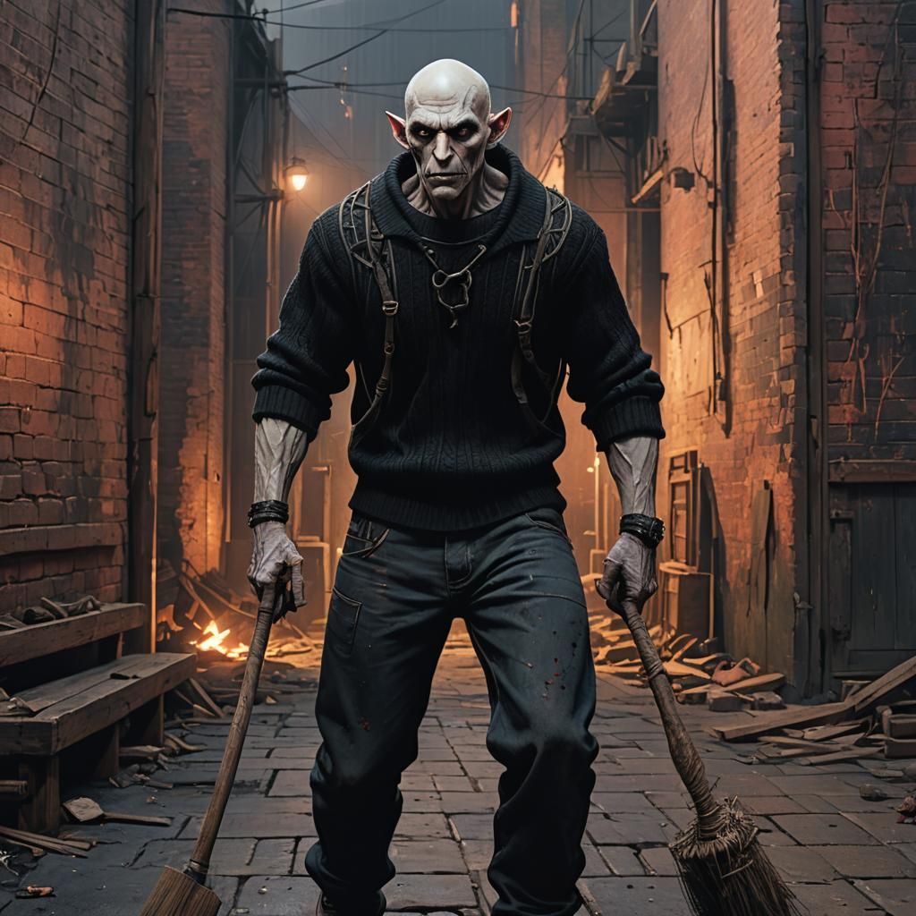 Muscular Nosferatu Stalks Near Warehouse, Dark Fantasy
