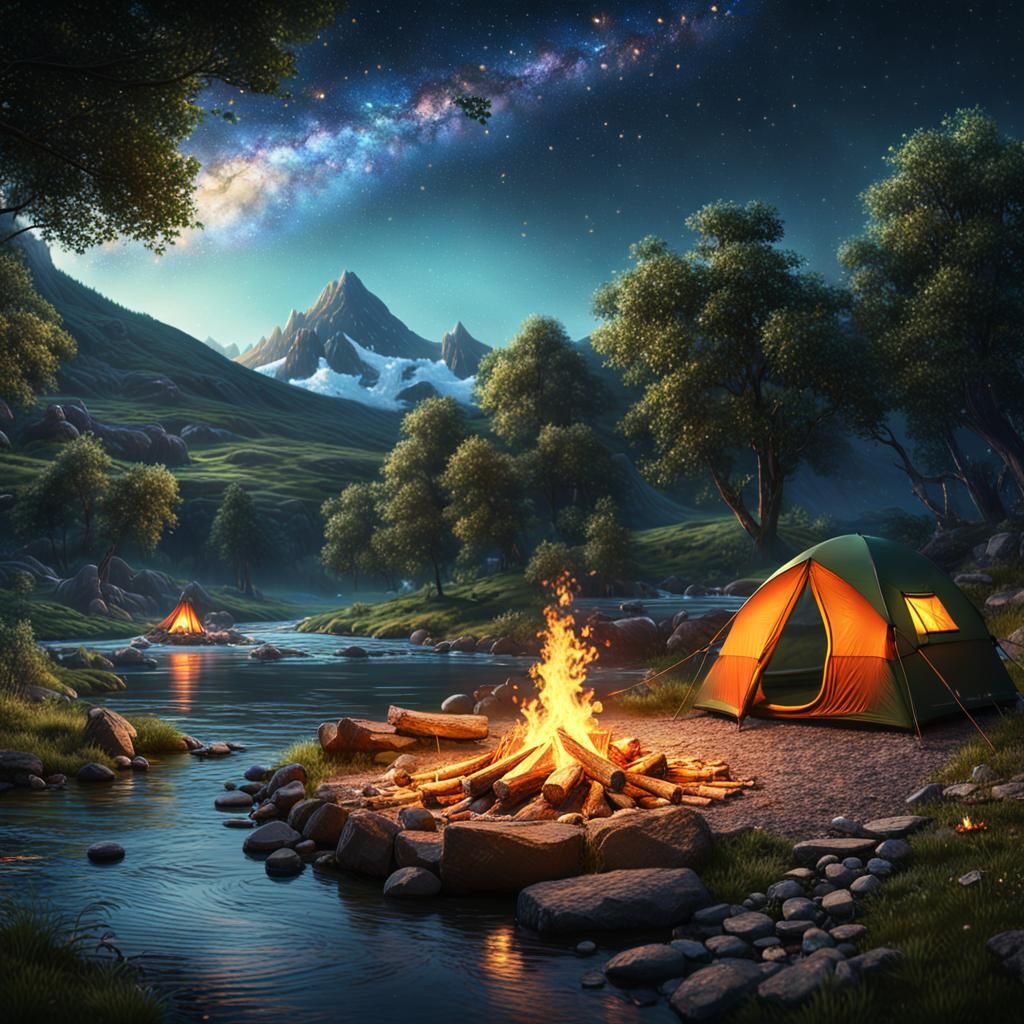 Riverside Campfire Under a Sky of Fireflies