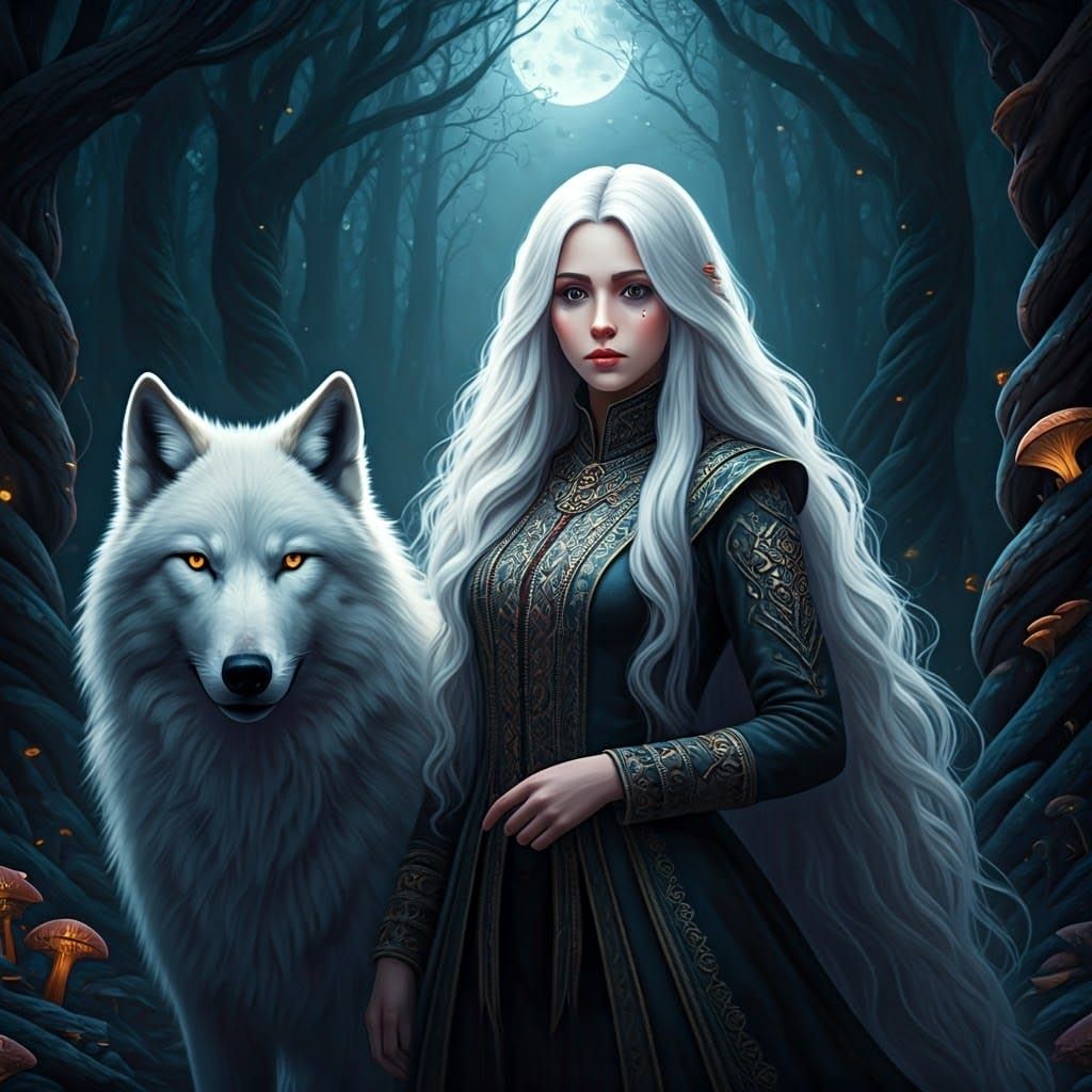 Girl with White Wolf in Mysterious Fantasy Landscape