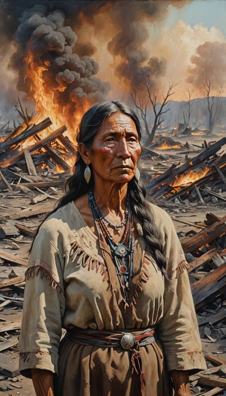 Grieving Mother in War-Torn Landscape as Oil Painting