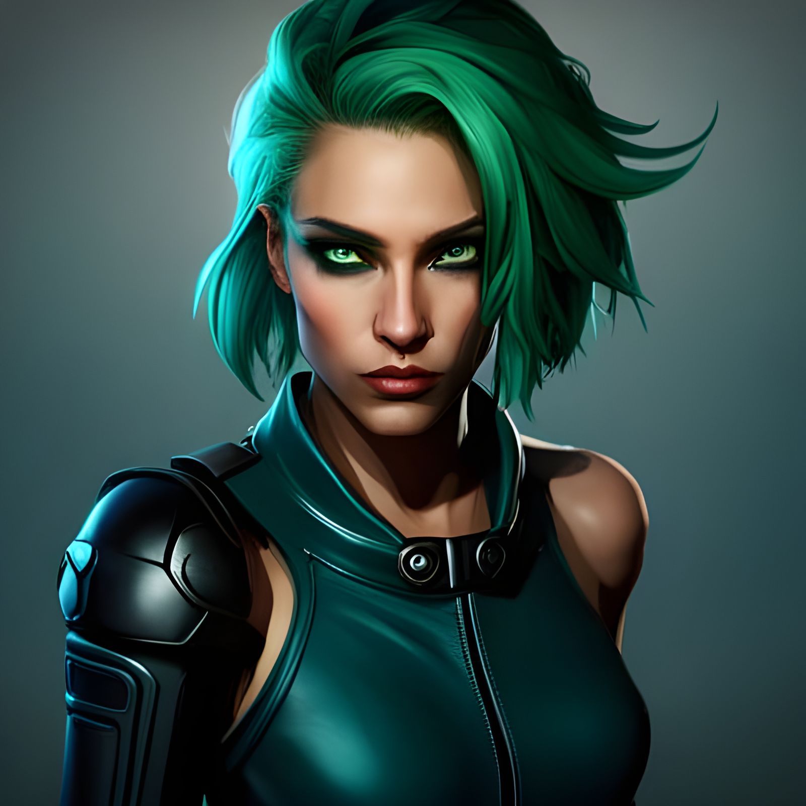 Androgynous Green-Haired Character in Dark Fantasy Style