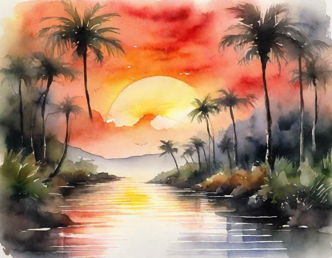 Enchanted Oasis Watercolor Painting Under Red-Orange Sun