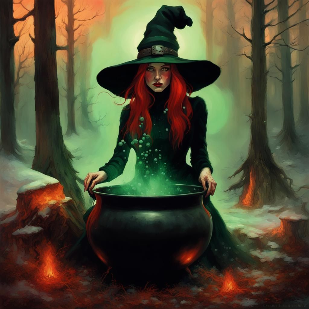 Woodland Witch with Bubbling Cauldron in Winter
