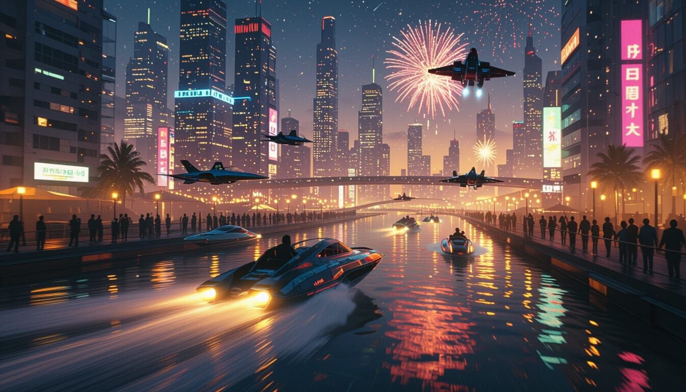 Cyberpunk Speedboat Race at Night: A Cityscape Scene