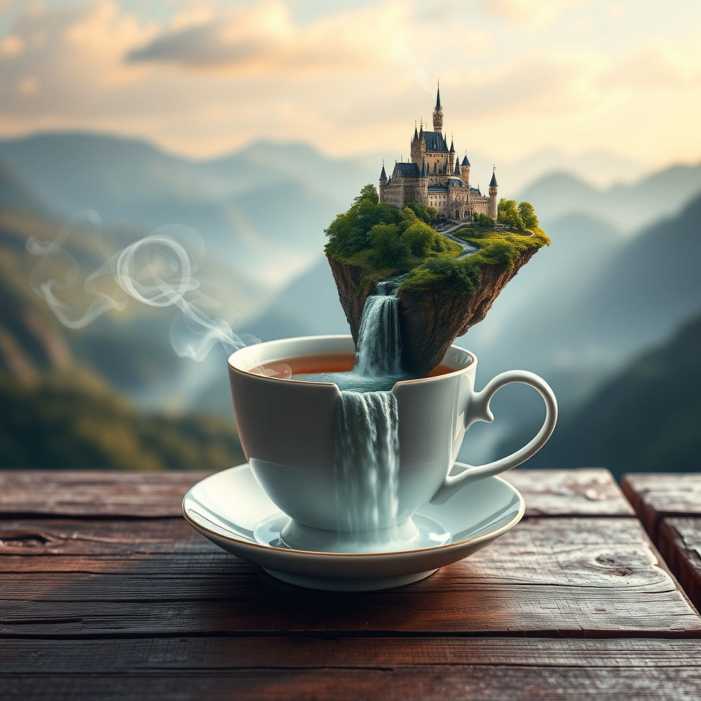 Flying Island Tea Cup: Hyperrealistic Photography