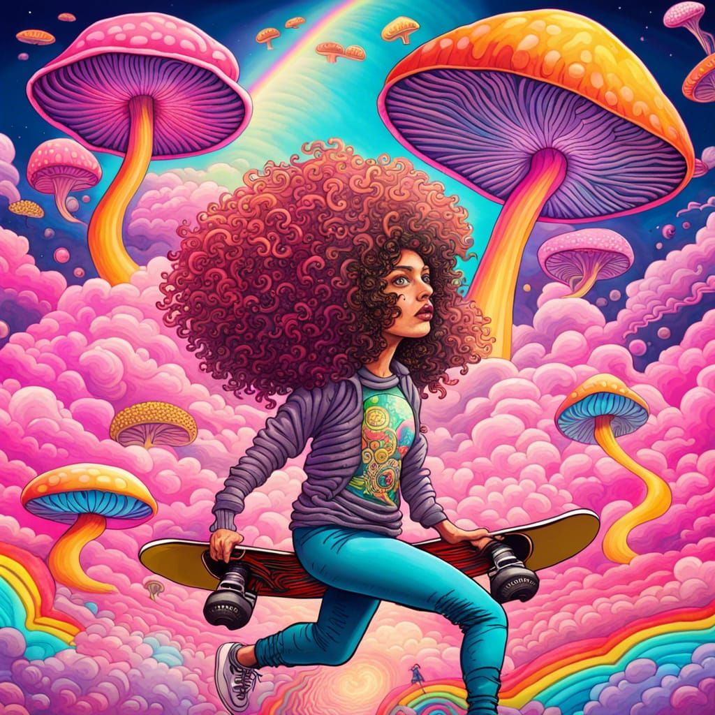 Psychedelic Skateboarder on Mushroom with Rainbow Snails