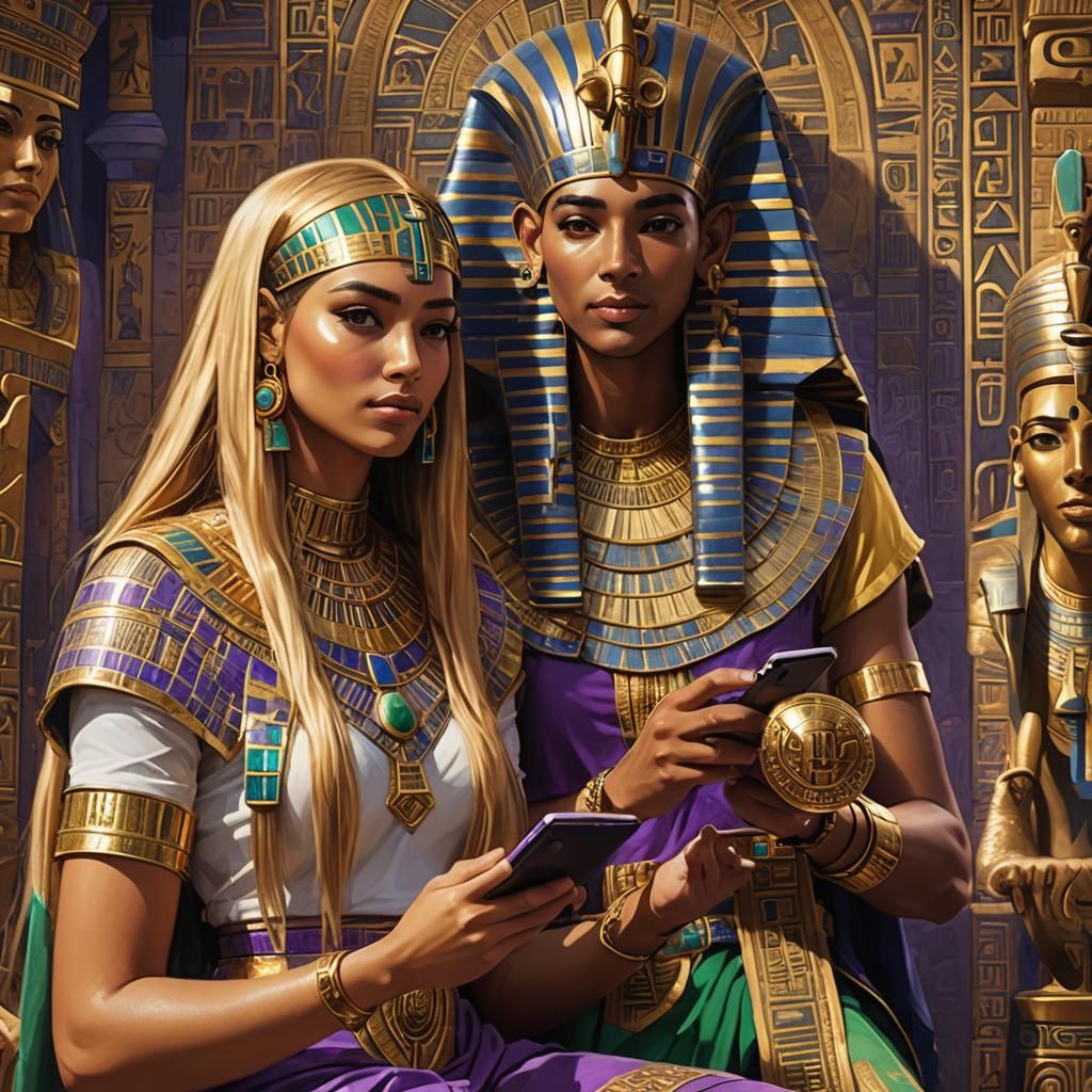 A beautiful girl with long golden hair and an Egyptian pharaoh smilingly texting each other on their     a masterpiece e...