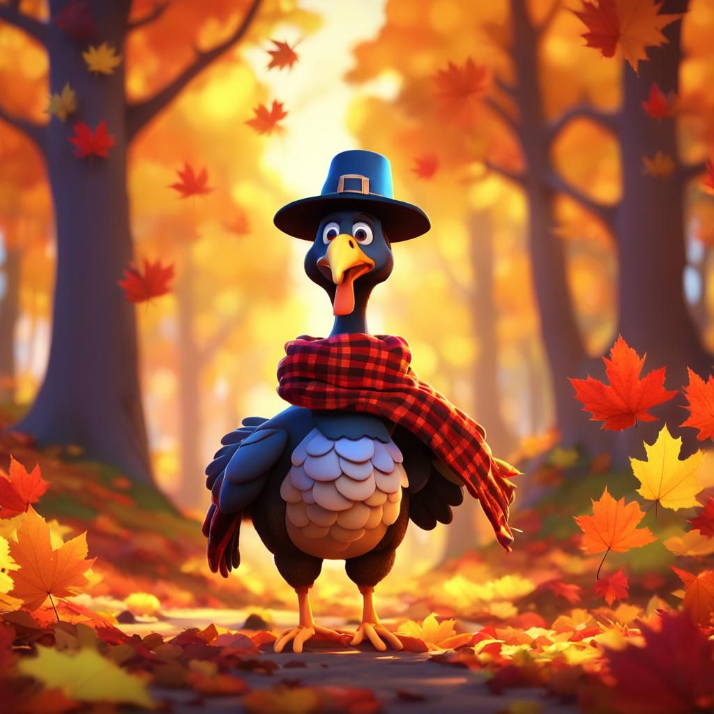 Pilgrim Turkey in Autumn Forest: Pixar-Inspired 3D Art