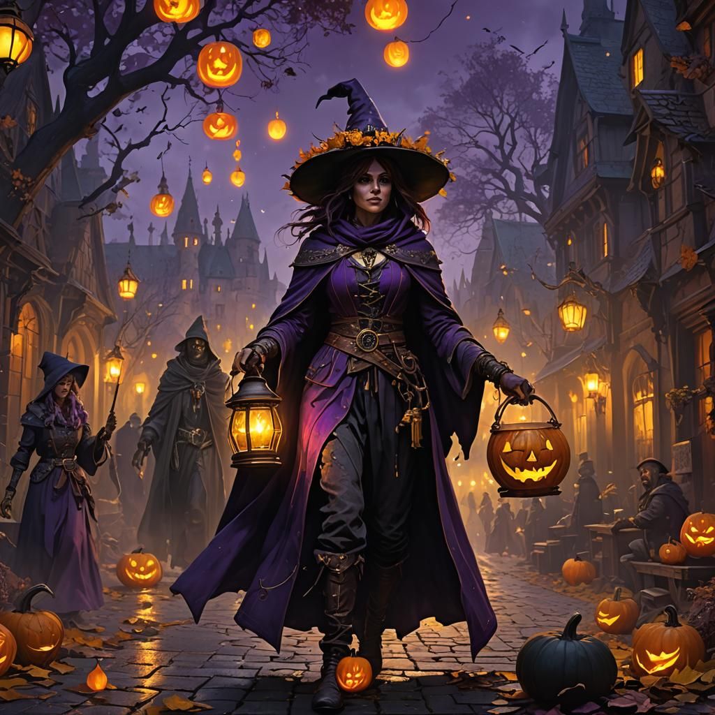 Halloween Witches with Lanterns: Dark Fantasy Art