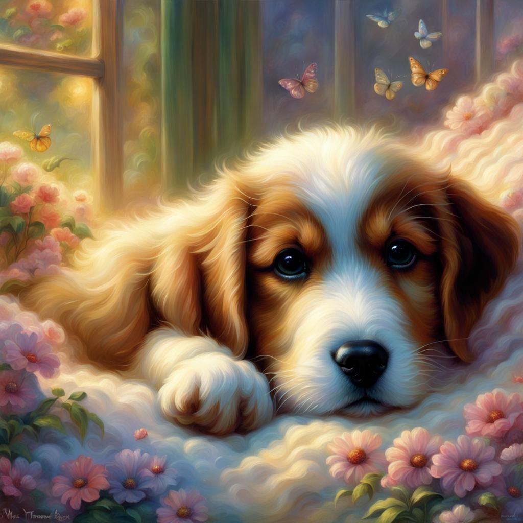 Puppy in Bed: Ethereal Fantasy Art