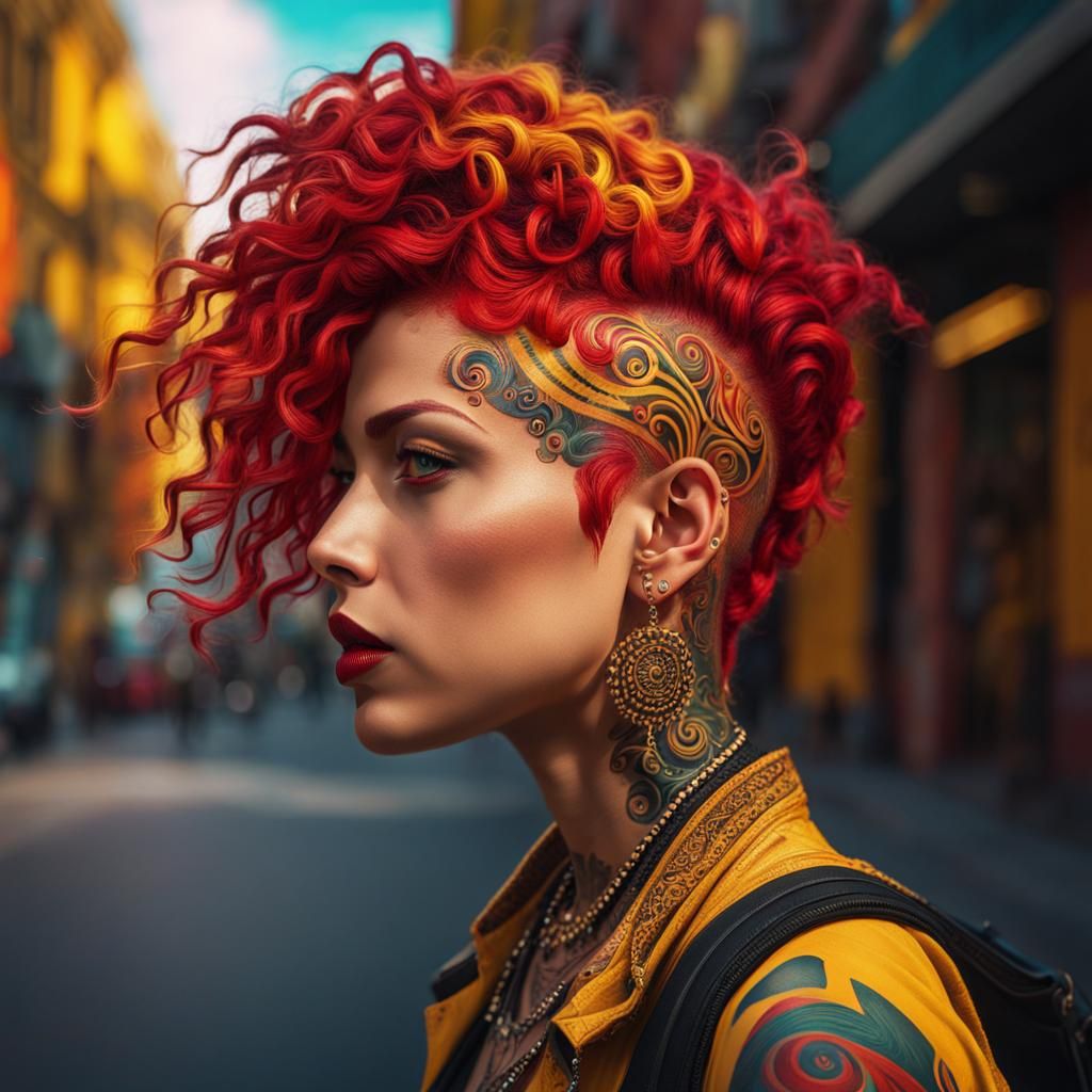 Punk Woman with Tattoos and Colorful Hair