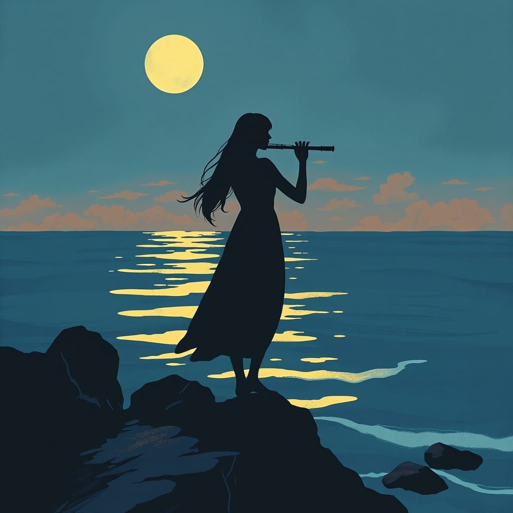 Silhouette Flute Player by Moonlit Sea