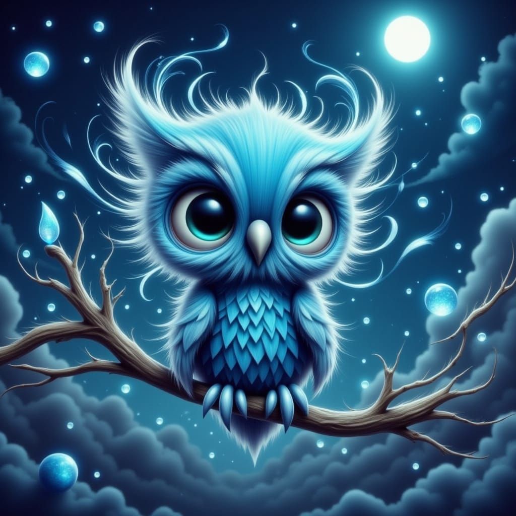 Chibi Baby Owlet in Whimsical Watercolor Dreamscape