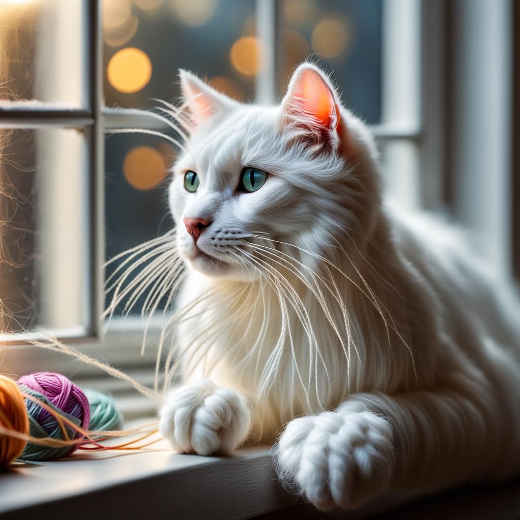Elegant String Cat on Windowsill: Hyperrealistic Macro Photo