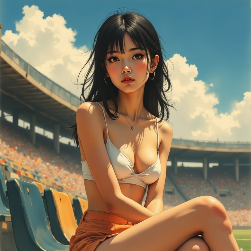 Anime Woman in Stadium with Japanese Ink Brush Style