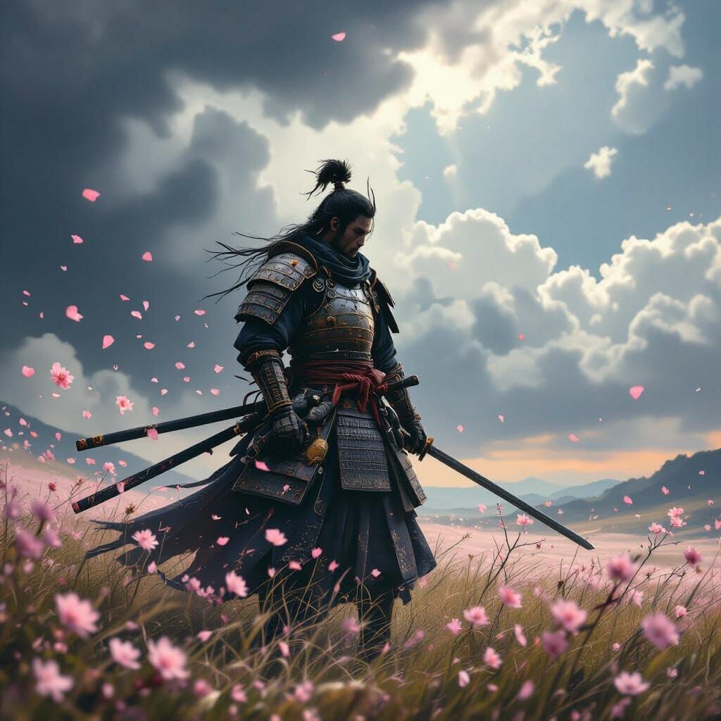 Samurai on Battlefield with Cherry Blossoms