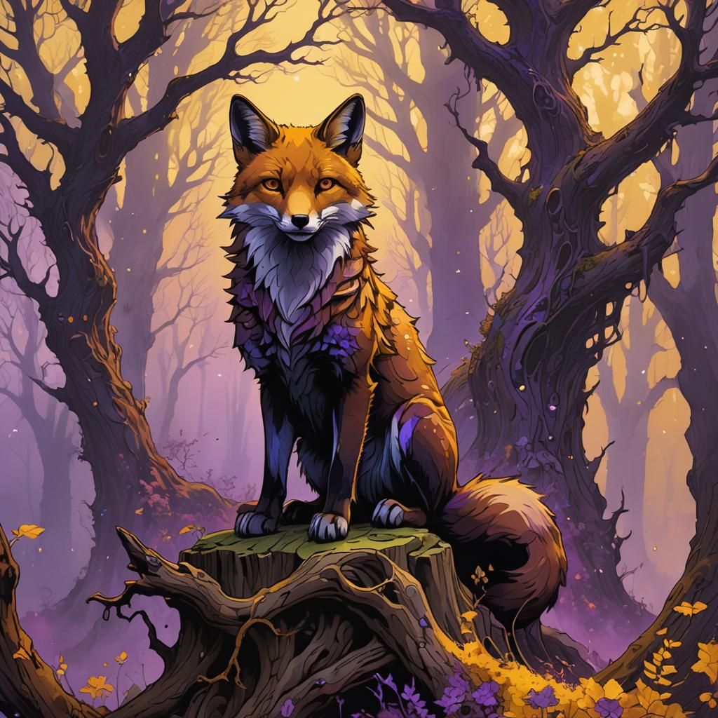 Mystical Dark Fox in Art Nouveau Forest