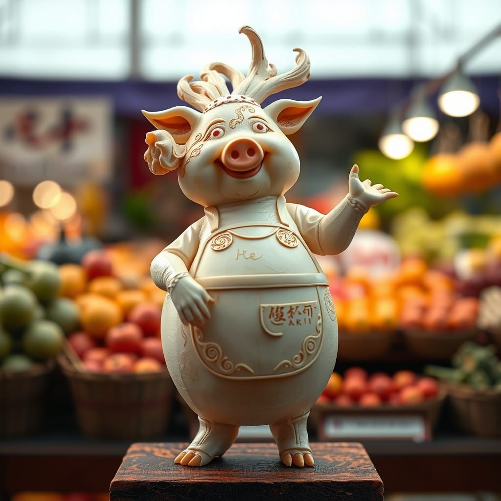 Daikon Radish Pig Sculpture in Market Scene