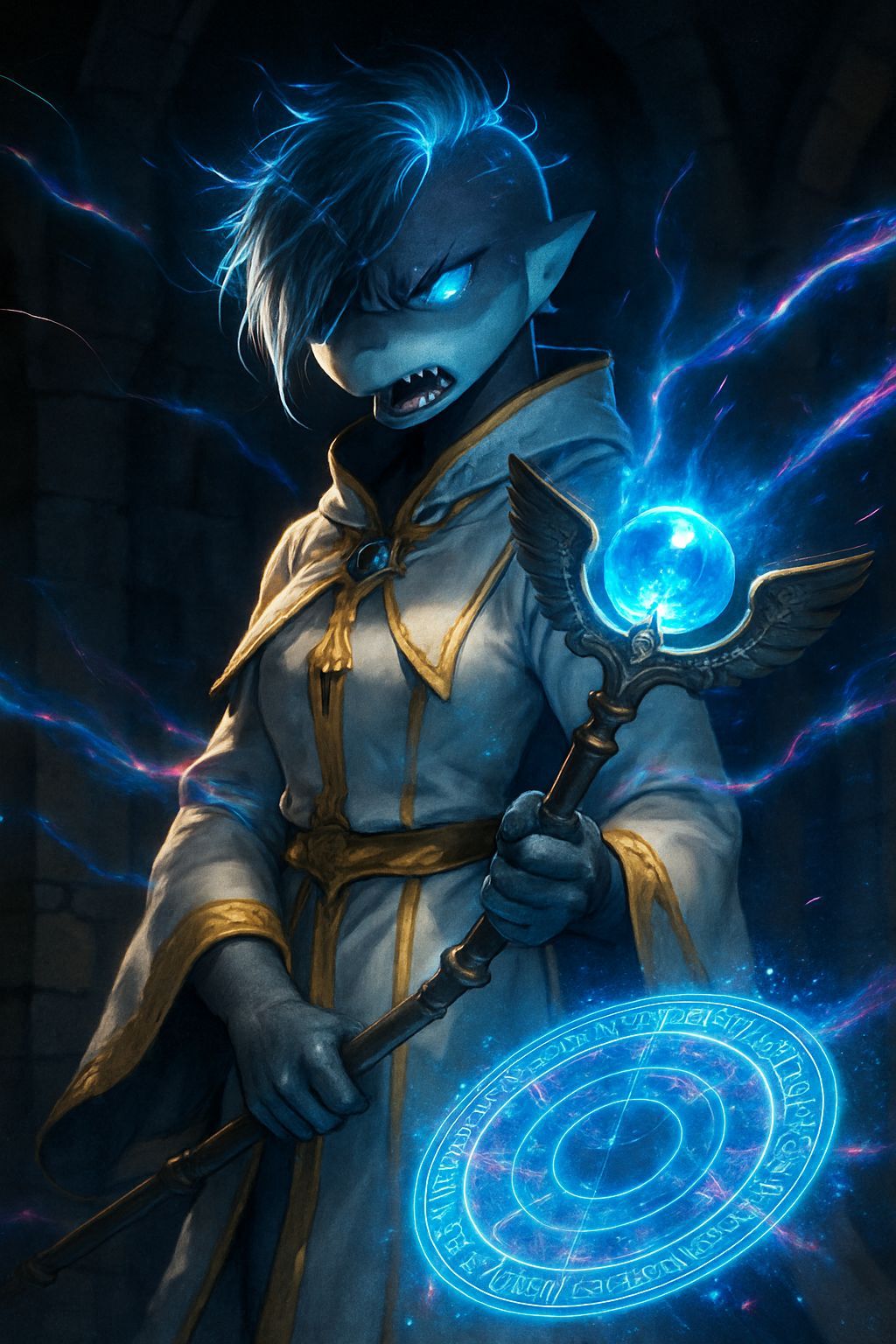 Furious Anthropomorphic Shark Healer Casts Magic