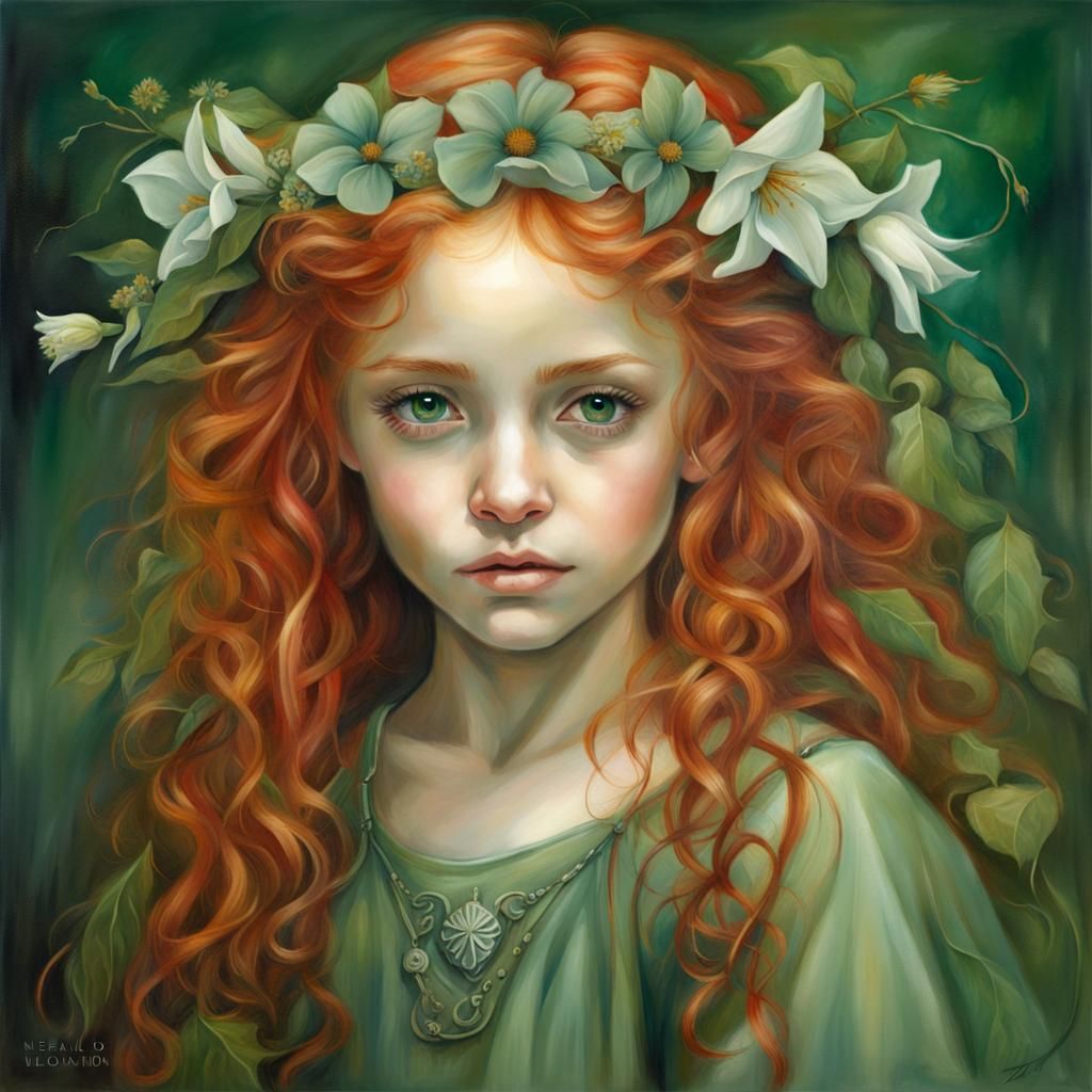 Girl with Red Hair and Flowers: Detailed Portrait