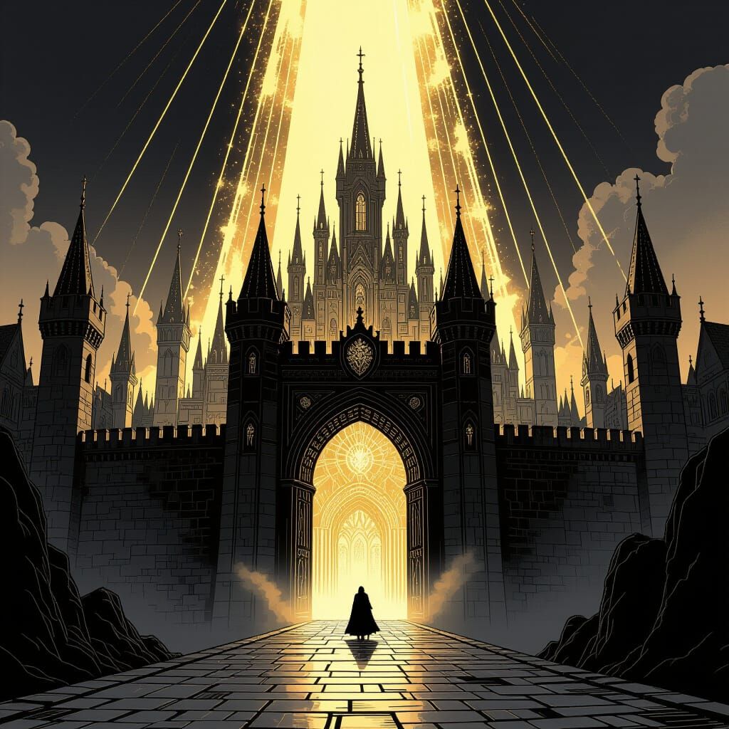Gothic Kingdom with Ethereal Gold Glow in Line Art