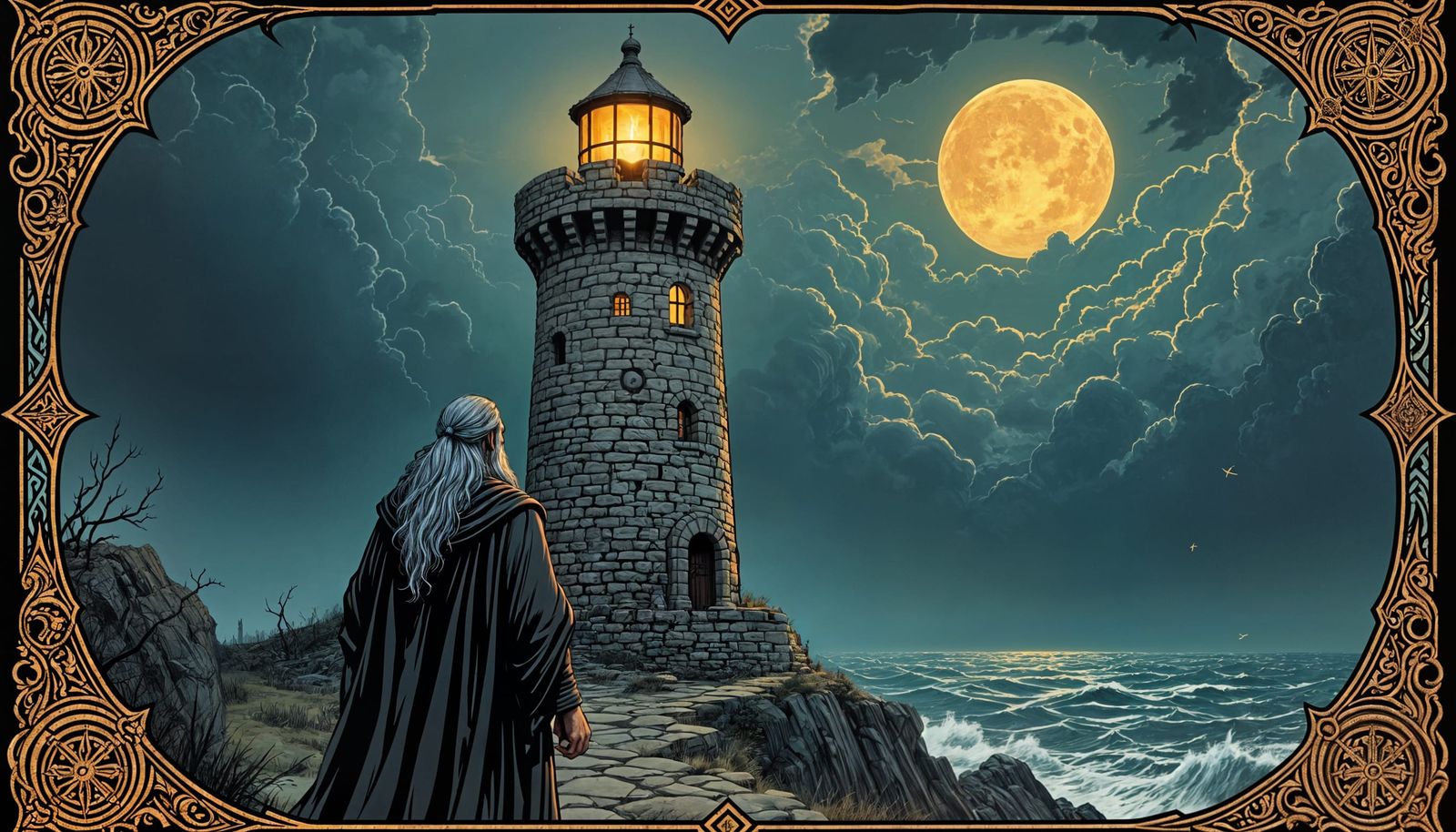 Medieval Lighthouse Guiding Ships in Dark Fantasy Style