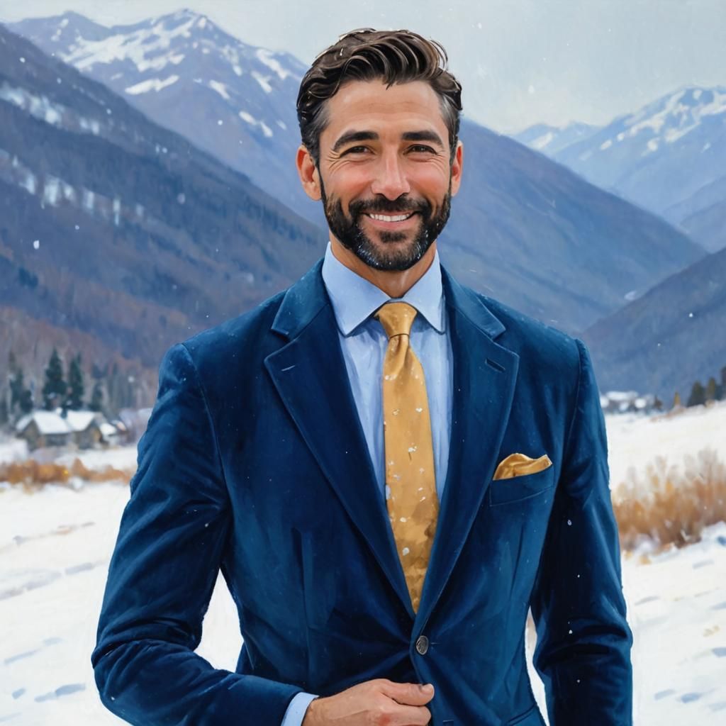 Smiling Man in Blue Velvet Suit, Impressionist Painting