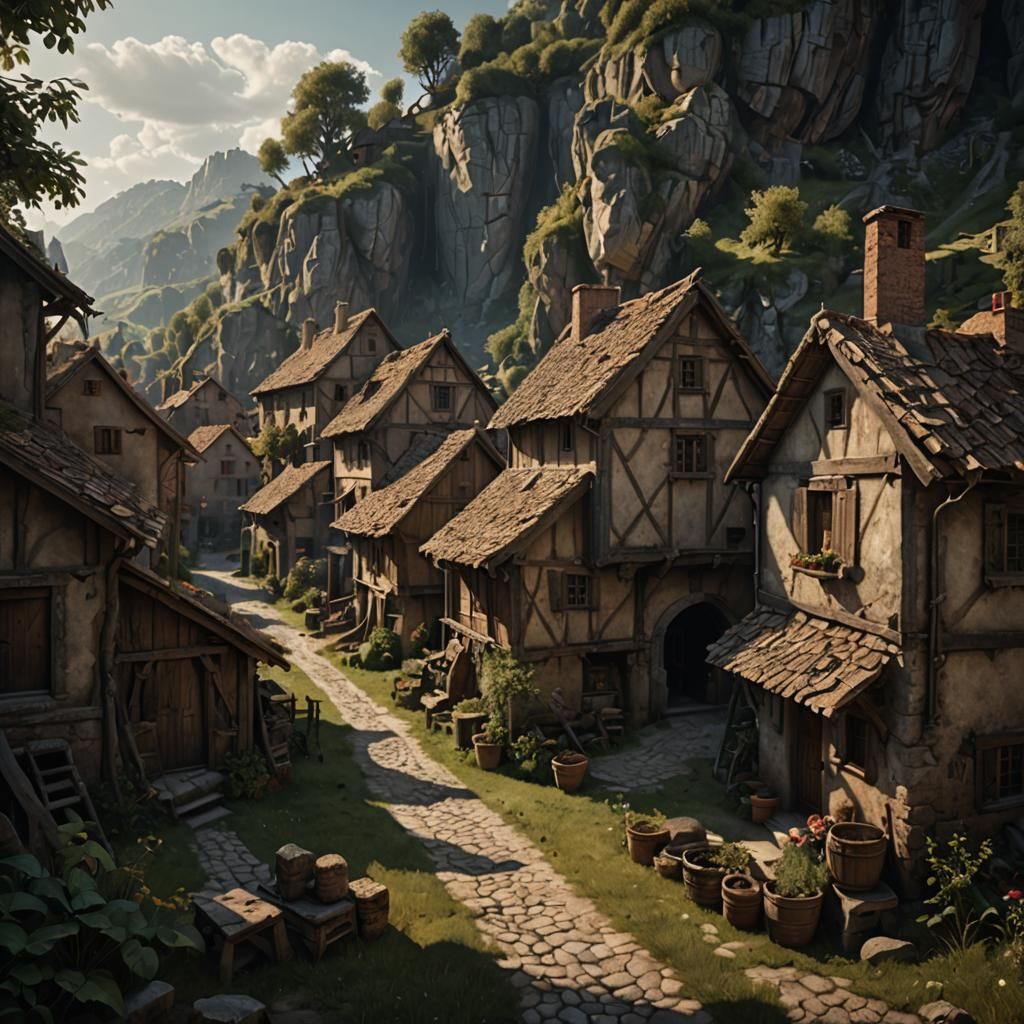 Rustic Village Scene in Photorealistic Style