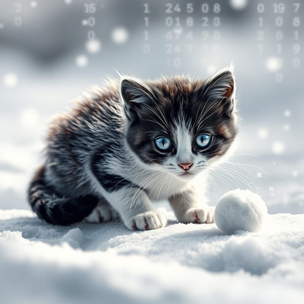 Snowy Kitten in Vintage Lithograph Pop Art Style