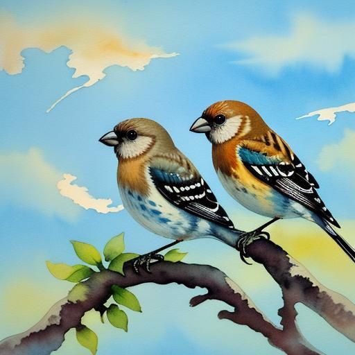 Finches in Evening Sky: Gouache Watercolor Painting