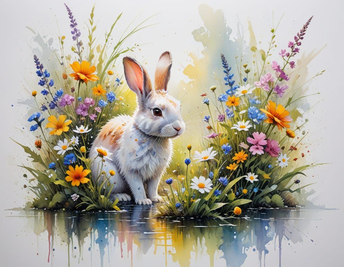 Playful Rabbit in Sunlit Watercolour Garden