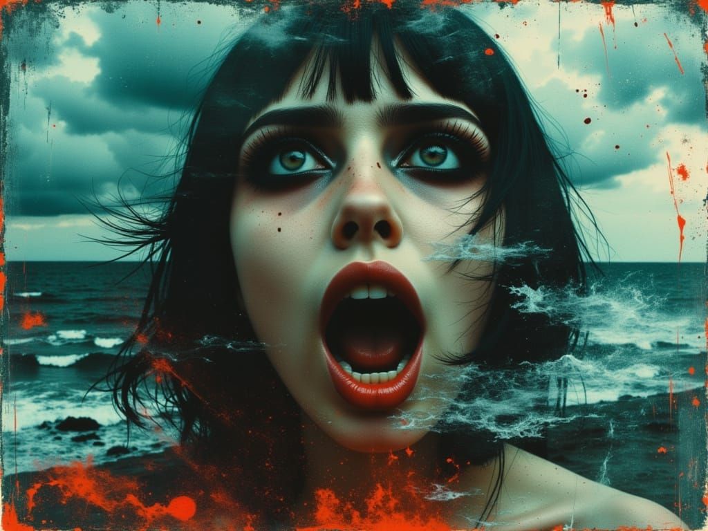 Screaming Man's Face in Ocean Tempest