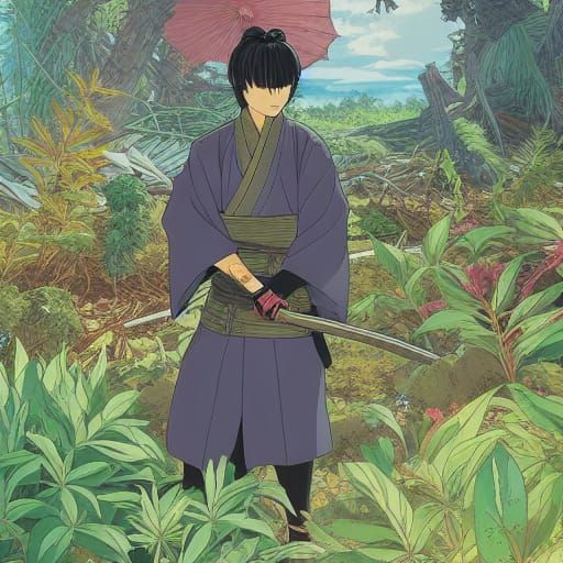 Anime Samurai in Ruined Garden - Studio Ghibli Style