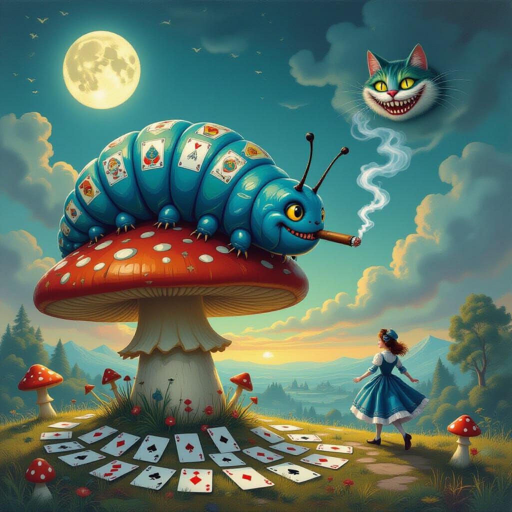 Surreal Caterpillar on Mushroom with Fleeing Girl and Cheshi...