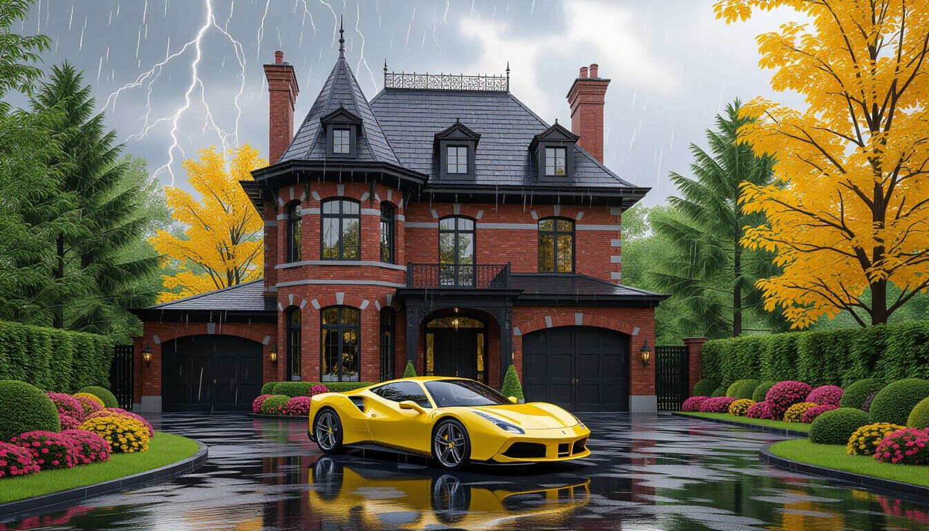 Victorian Chateau with Ferrari in Stormy Weather