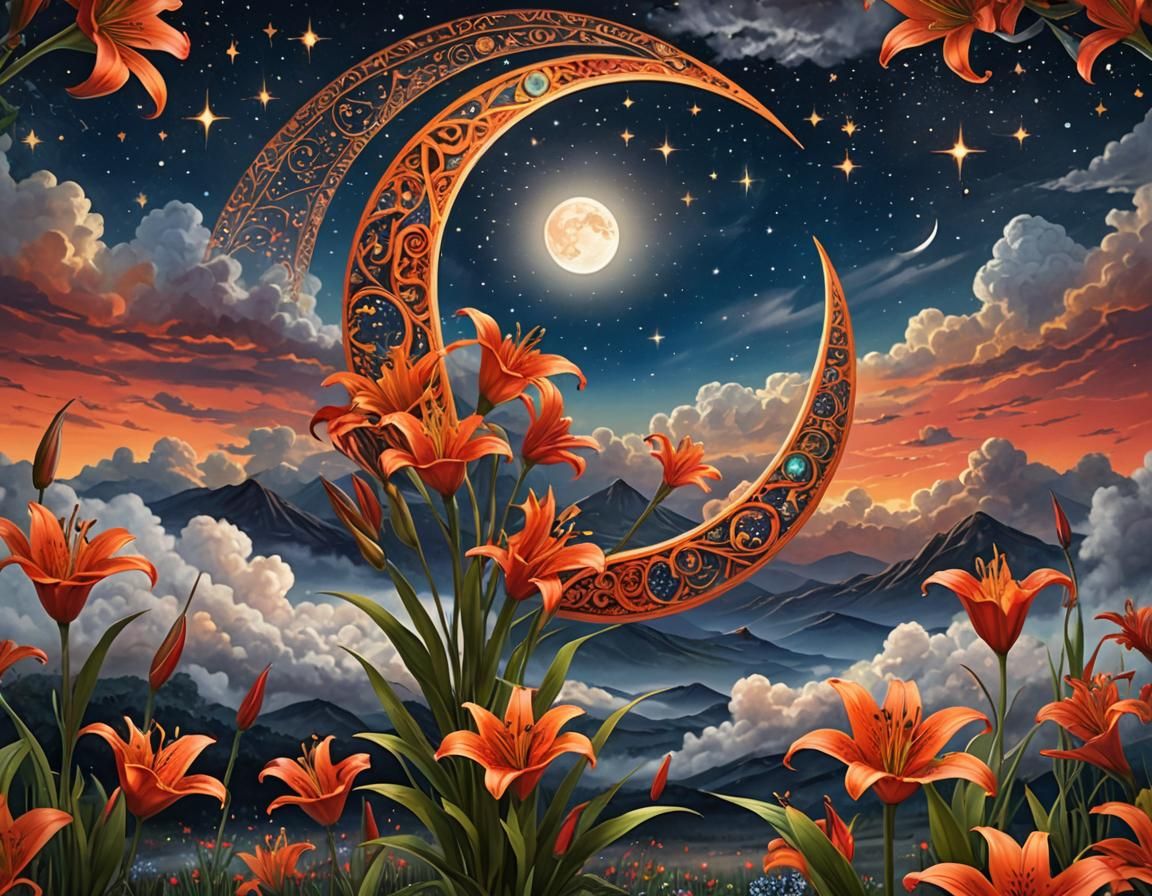 Vibrant Crescent Moon Celestial Landscape Illustration