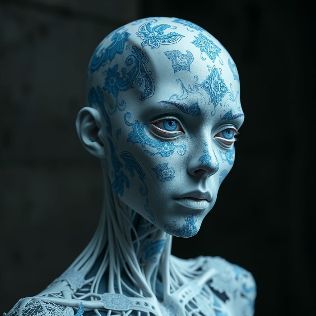 Haunted Android with Lace Texture in Concrete Room