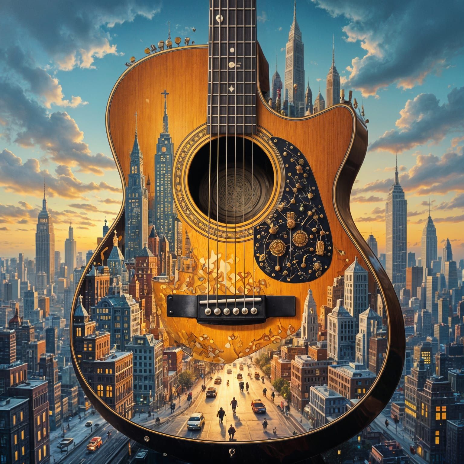 Surreal Cityscape Inside a Giant Guitar