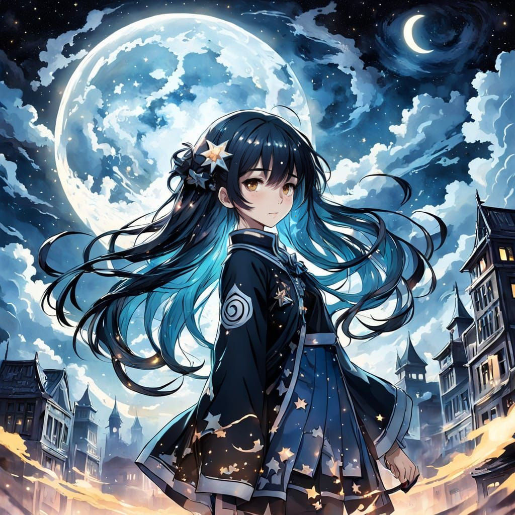 Starry Night Anime Girl in Cinematic Lighting