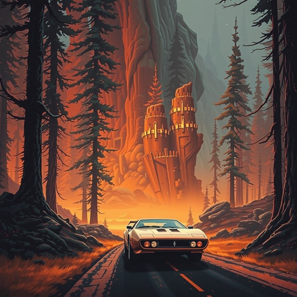 Cyberpunk Roadster Speeds Through Burnt Orange Landscape