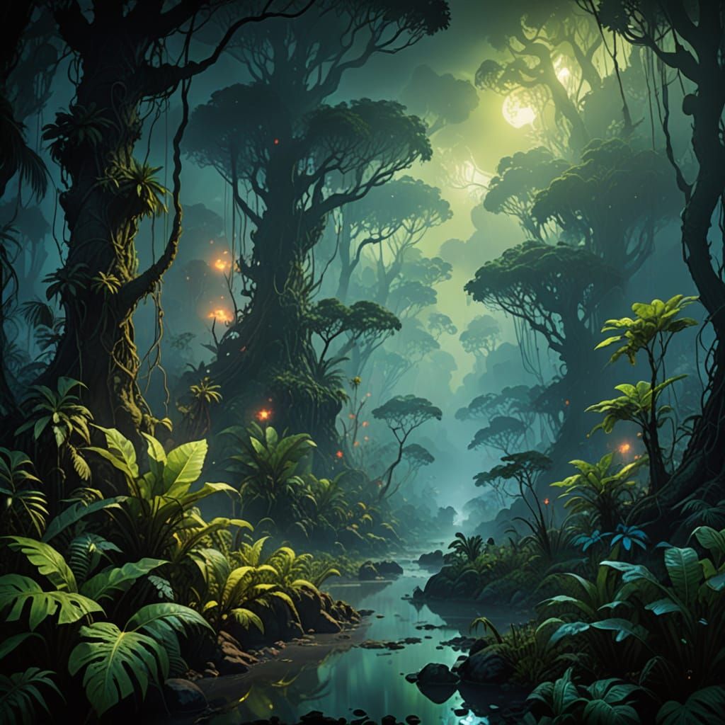 Explorer Finds Glowing Flora in Misty Jungle