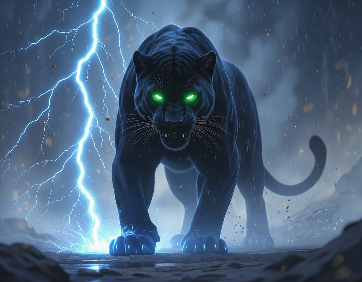 Gigantic Black Panther With Glowing Green Eyes and Blue Ligh...