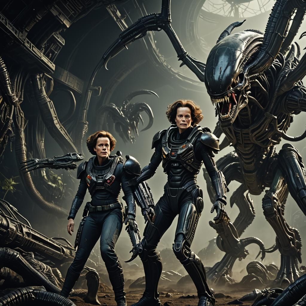 Realistic Photo of Sigourney Weaver and Xenomorph